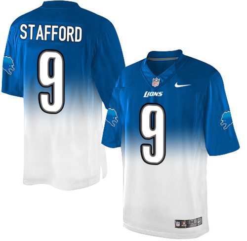 Nike Lions #9 Matthew Stafford Blue/White Men's Stitched NFL Elite Fadeaway Fashion Jersey - Click Image to Close